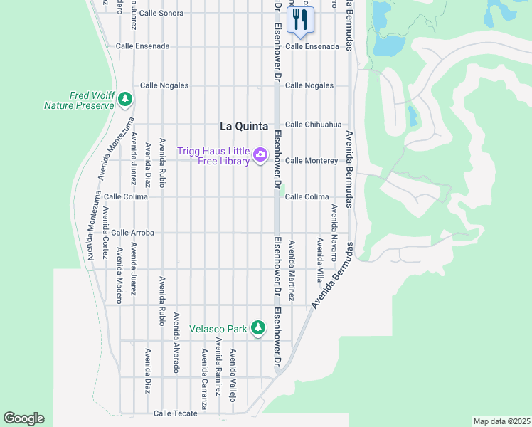 map of restaurants, bars, coffee shops, grocery stores, and more near 53685 Eisenhower Drive in La Quinta