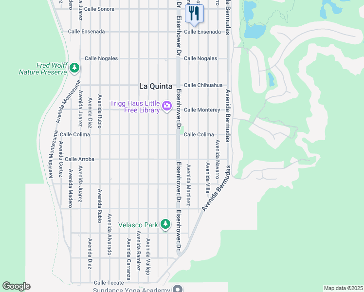 map of restaurants, bars, coffee shops, grocery stores, and more near 53612 Eisenhower Drive in La Quinta