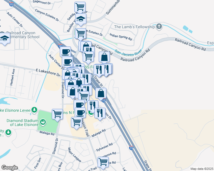 map of restaurants, bars, coffee shops, grocery stores, and more near 15329 Oak Tree Drive in Lake Elsinore