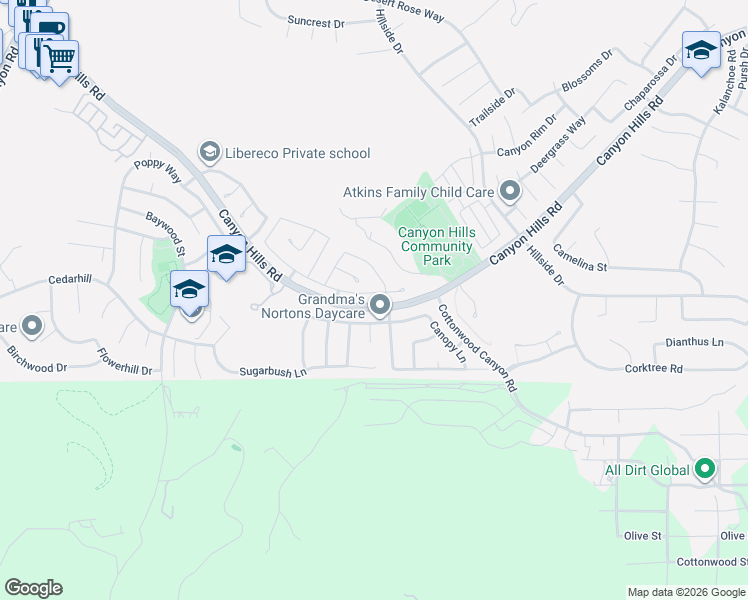 map of restaurants, bars, coffee shops, grocery stores, and more near 33058 Canopy Lane in Lake Elsinore