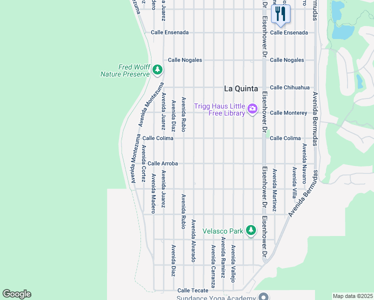 map of restaurants, bars, coffee shops, grocery stores, and more near 53640 Avenue Rubio in La Quinta