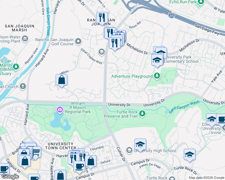 map of restaurants, bars, coffee shops, grocery stores, and more near 20 Mandrake Way in Irvine