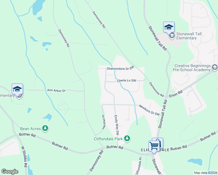 map of restaurants, bars, coffee shops, grocery stores, and more near 3560 Emily Way Southwest in College Park