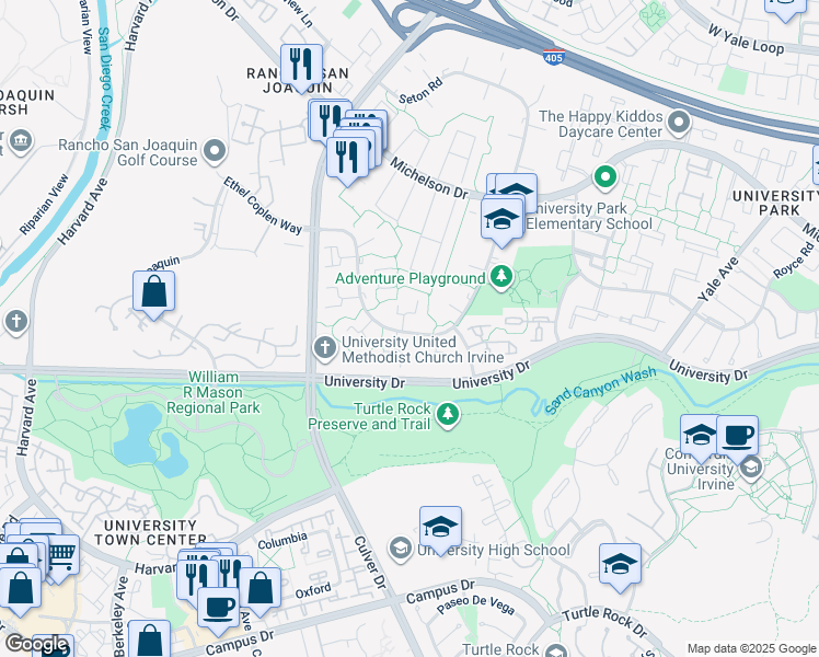 map of restaurants, bars, coffee shops, grocery stores, and more near 2 Meadowsweet Way in Irvine