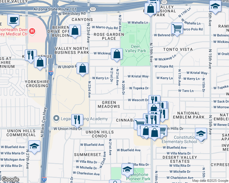 map of restaurants, bars, coffee shops, grocery stores, and more near 2111 West Topeka Drive in Phoenix