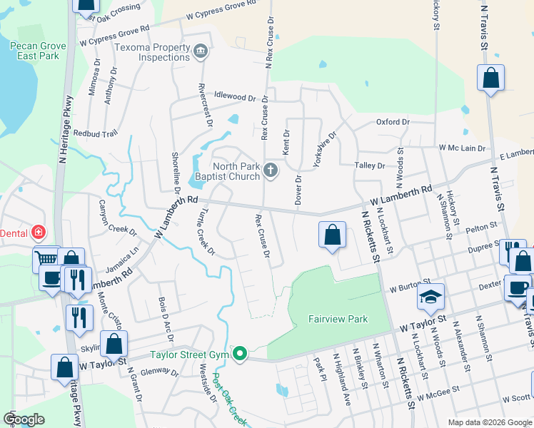 map of restaurants, bars, coffee shops, grocery stores, and more near 2406 Ridgewood Drive in Sherman