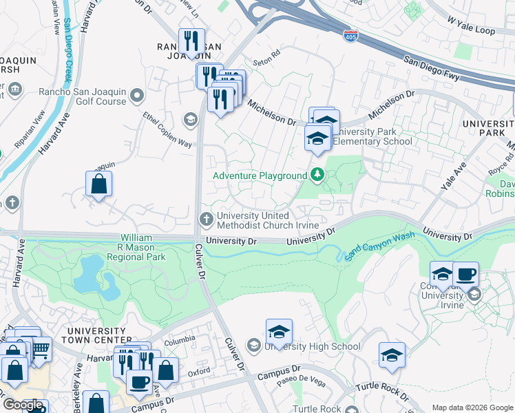 map of restaurants, bars, coffee shops, grocery stores, and more near 2 Meadowsweet Way in Irvine