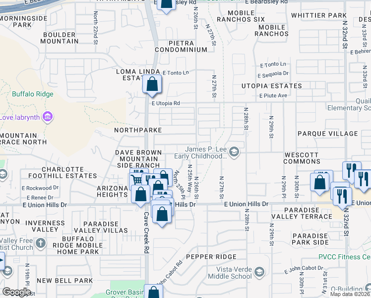map of restaurants, bars, coffee shops, grocery stores, and more near 2536 East Morrow Drive in Phoenix