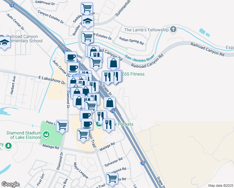 map of restaurants, bars, coffee shops, grocery stores, and more near 15325 Oak Tree Drive in Lake Elsinore