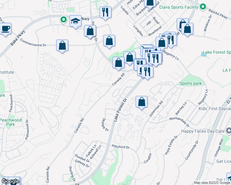 map of restaurants, bars, coffee shops, grocery stores, and more near 26266 Moor Glen in Lake Forest