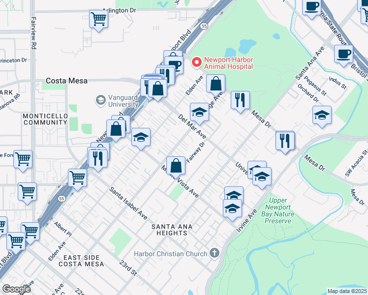 map of restaurants, bars, coffee shops, grocery stores, and more near 2553 Fairway Drive in Costa Mesa