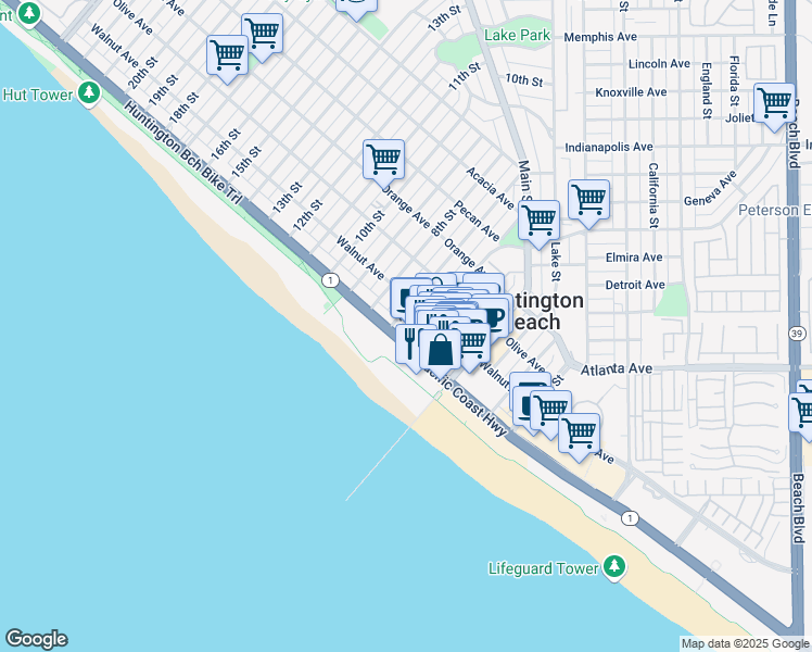 map of restaurants, bars, coffee shops, grocery stores, and more near 124 1/2 6th Street in Huntington Beach