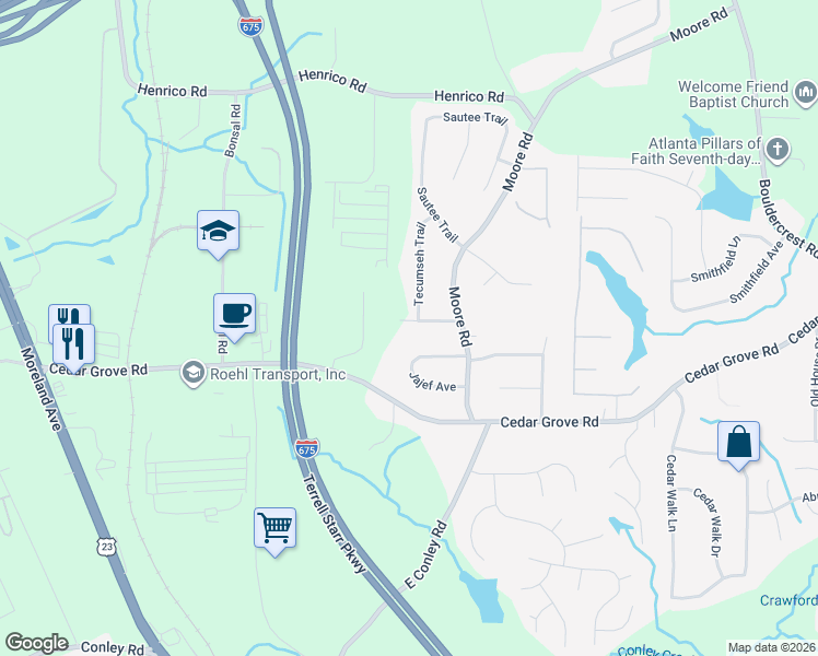 map of restaurants, bars, coffee shops, grocery stores, and more near 1709 Natchez Trail in Conley