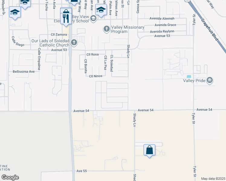 map of restaurants, bars, coffee shops, grocery stores, and more near 85177 Avenida Reforma in Coachella