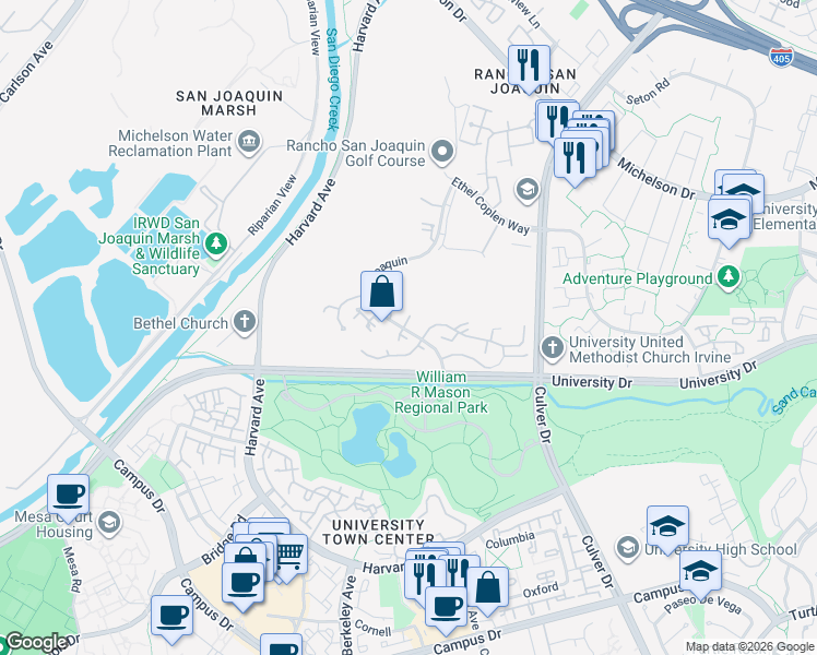 map of restaurants, bars, coffee shops, grocery stores, and more near 16 Lago Norte in Irvine