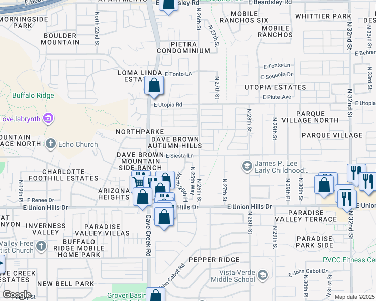 map of restaurants, bars, coffee shops, grocery stores, and more near 2536 East Morrow Drive in Phoenix