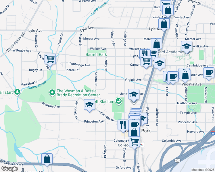 map of restaurants, bars, coffee shops, grocery stores, and more near 3528 Conley Street in College Park