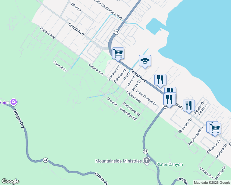 map of restaurants, bars, coffee shops, grocery stores, and more near 15505 Shadow Mountain Lane in Lake Elsinore