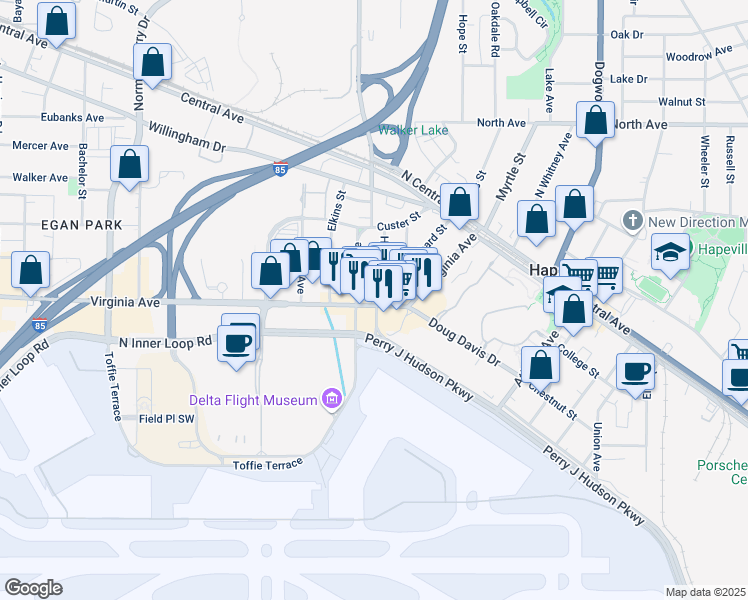map of restaurants, bars, coffee shops, grocery stores, and more near 898 Virginia Avenue in Hapeville