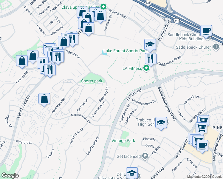 map of restaurants, bars, coffee shops, grocery stores, and more near 26992 Brighton Lane in Lake Forest