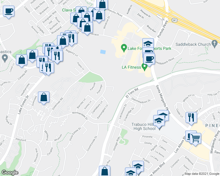 map of restaurants, bars, coffee shops, grocery stores, and more near 26992 Brighton Lane in Lake Forest