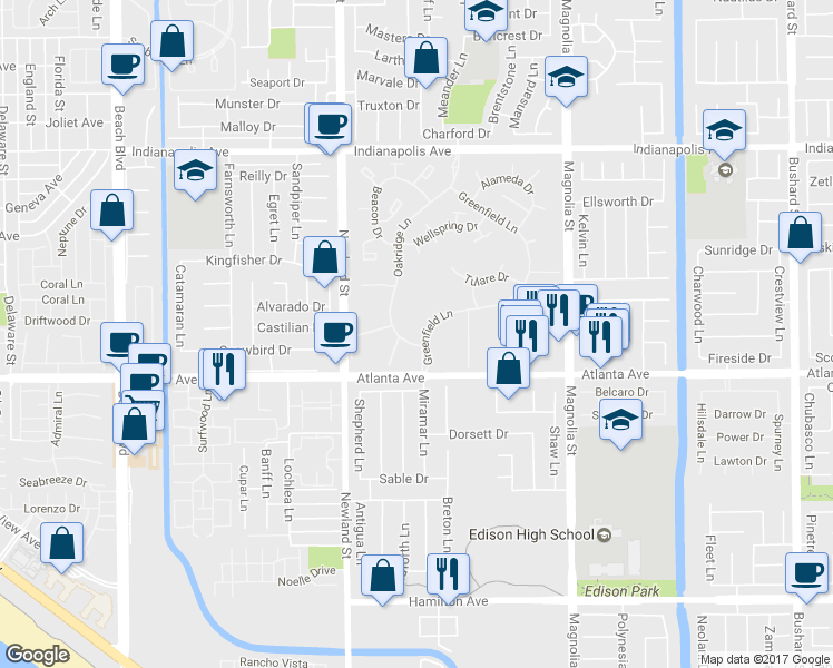 map of restaurants, bars, coffee shops, grocery stores, and more near 8644 Portola Court in Huntington Beach