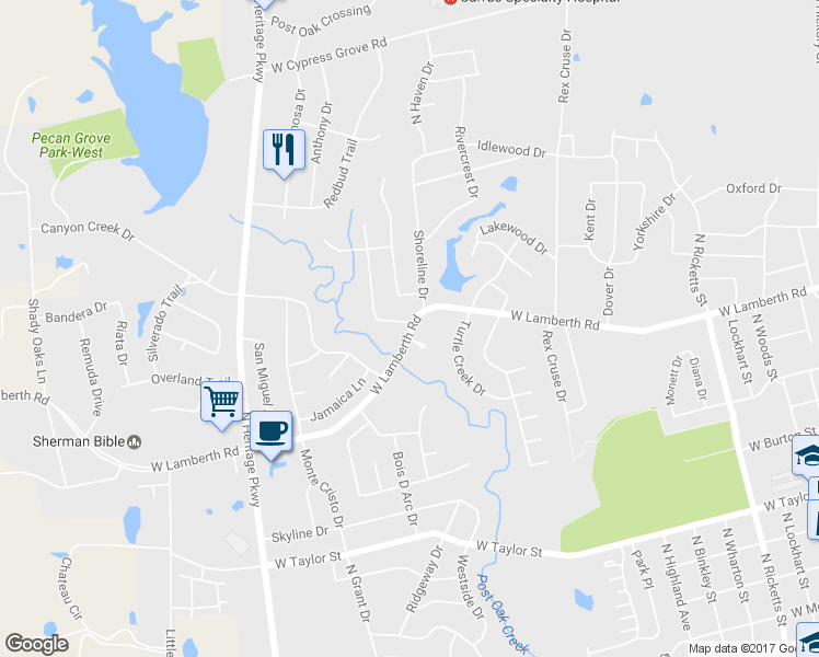 map of restaurants, bars, coffee shops, grocery stores, and more near 2402 Nantucket Drive in Sherman