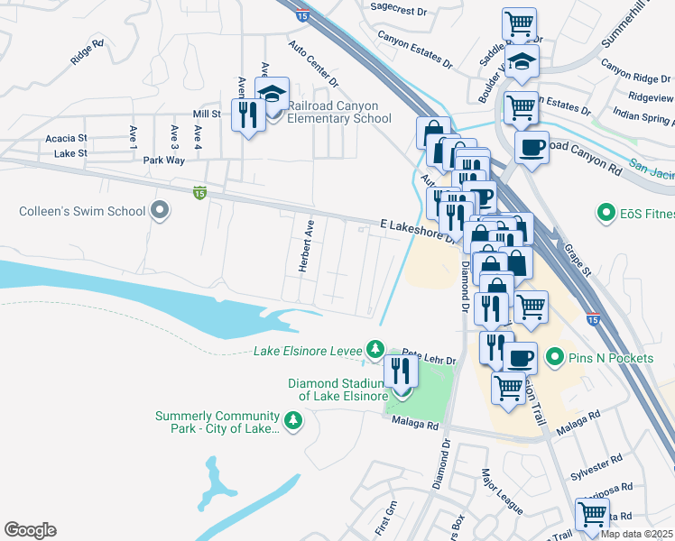 map of restaurants, bars, coffee shops, grocery stores, and more near 1800 East Lakeshore Drive in Lake Elsinore