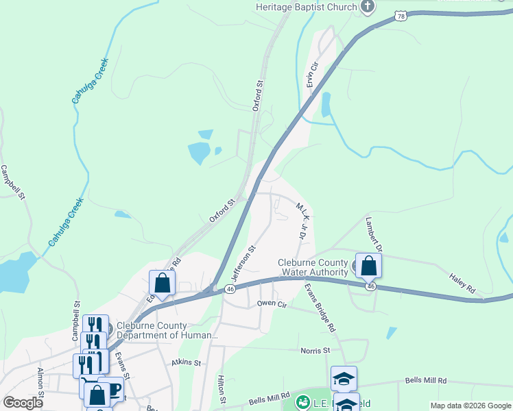 map of restaurants, bars, coffee shops, grocery stores, and more near 309 Jefferson Street in Heflin