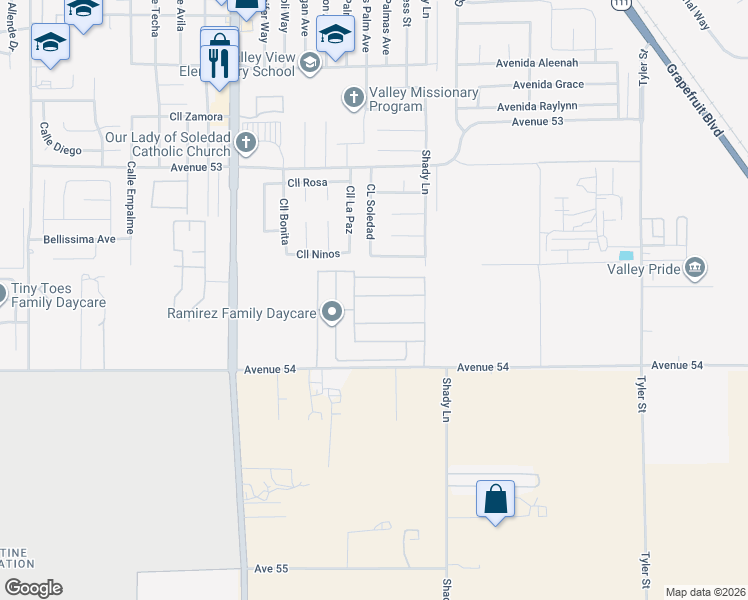 map of restaurants, bars, coffee shops, grocery stores, and more near 85177 Avenida Reforma in Coachella