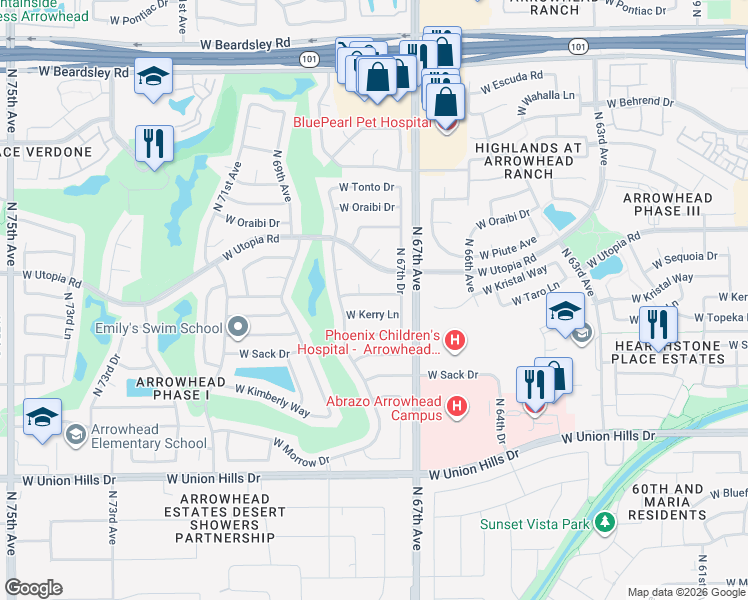 map of restaurants, bars, coffee shops, grocery stores, and more near 6719 West Kerry Lane in Glendale