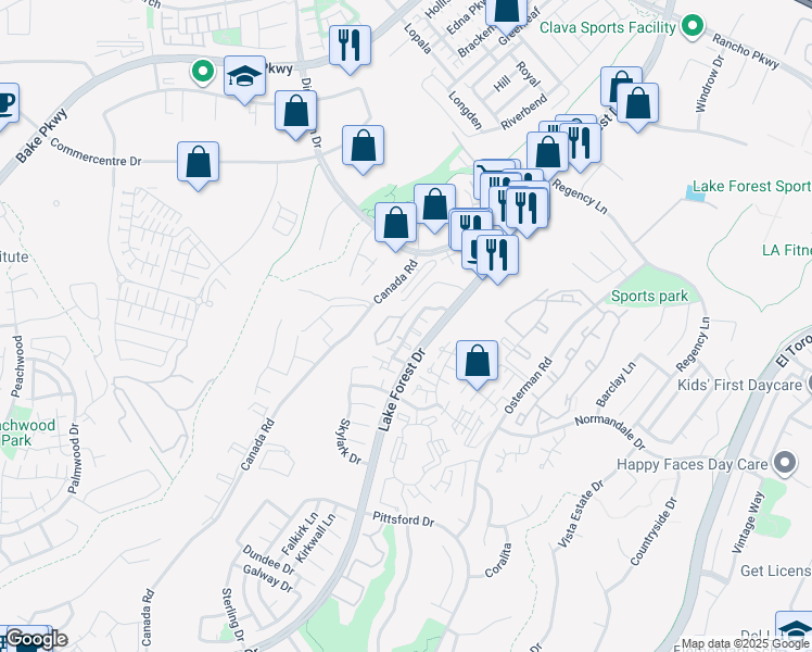 map of restaurants, bars, coffee shops, grocery stores, and more near 26266 Moor Glen in Lake Forest