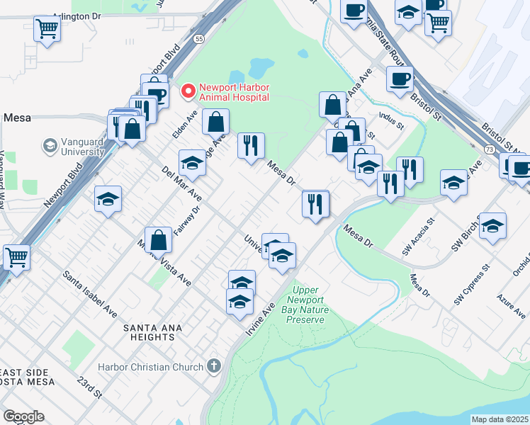 map of restaurants, bars, coffee shops, grocery stores, and more near 300 Cutter Way in Costa Mesa