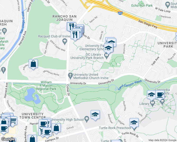 map of restaurants, bars, coffee shops, grocery stores, and more near 4 Meadowsweet Way in Irvine