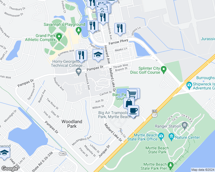 map of restaurants, bars, coffee shops, grocery stores, and more near 3516 Chestnut Drive in Myrtle Beach