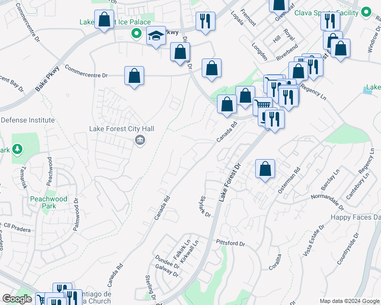 map of restaurants, bars, coffee shops, grocery stores, and more near 26046 Serrano Court in Lake Forest
