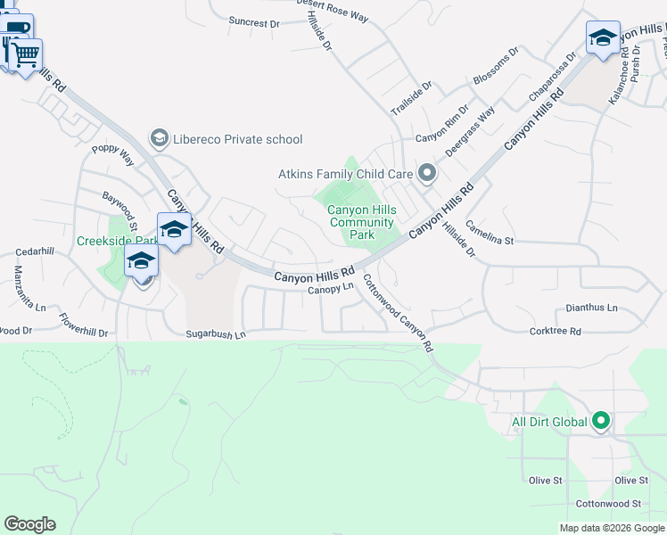 map of restaurants, bars, coffee shops, grocery stores, and more near 33577 Cedar Creek Lane in Lake Elsinore