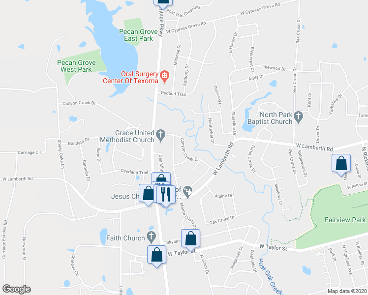 map of restaurants, bars, coffee shops, grocery stores, and more near 2507 Canyon Creek Drive in Sherman