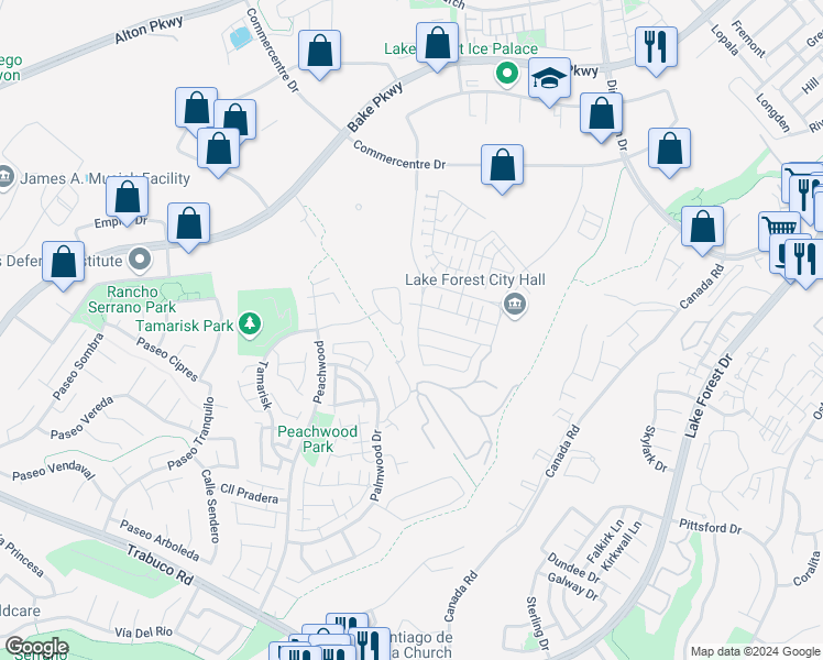 map of restaurants, bars, coffee shops, grocery stores, and more near 551 Serrano Summit Drive in Lake Forest