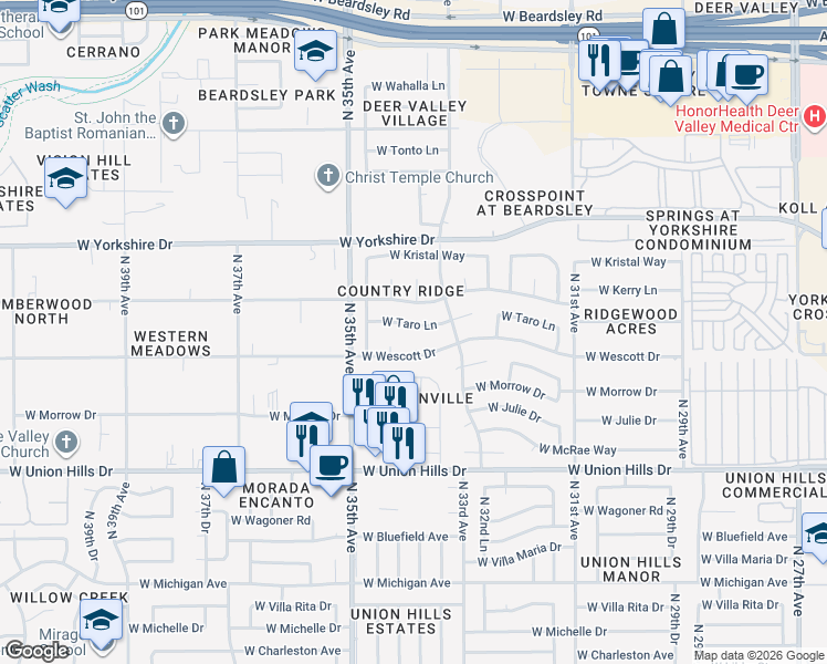 map of restaurants, bars, coffee shops, grocery stores, and more near 19001 North 34th Avenue in Phoenix