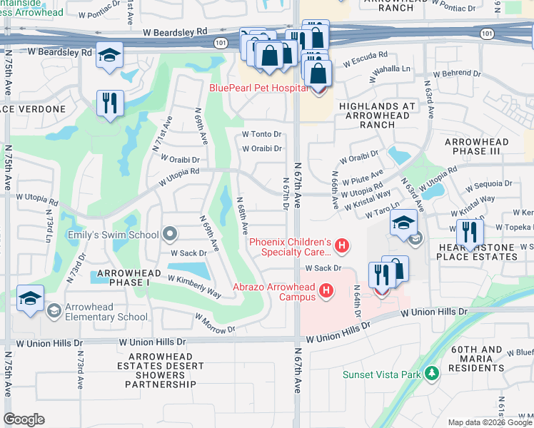 map of restaurants, bars, coffee shops, grocery stores, and more near 6719 West Kerry Lane in Glendale