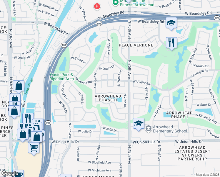 map of restaurants, bars, coffee shops, grocery stores, and more near 7549 West Kerry Way in Glendale