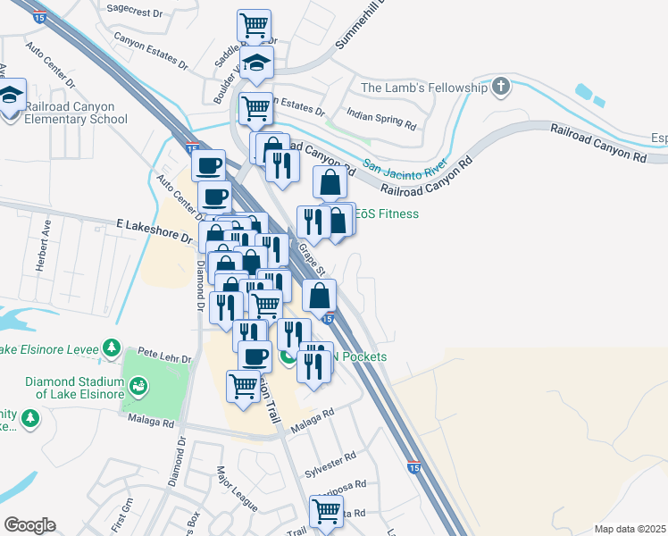 map of restaurants, bars, coffee shops, grocery stores, and more near 15325 Oak Tree Drive in Lake Elsinore