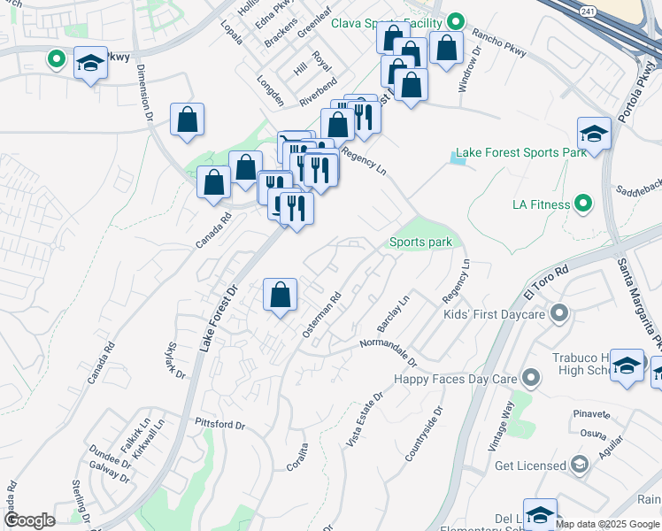 map of restaurants, bars, coffee shops, grocery stores, and more near 20041 Osterman Road in Lake Forest