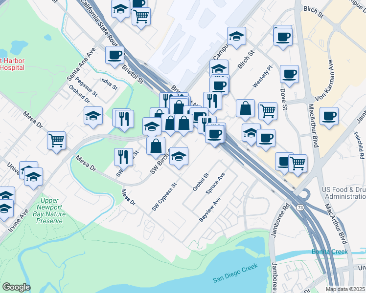 map of restaurants, bars, coffee shops, grocery stores, and more near 20072 Southwest Birch Street in Newport Beach