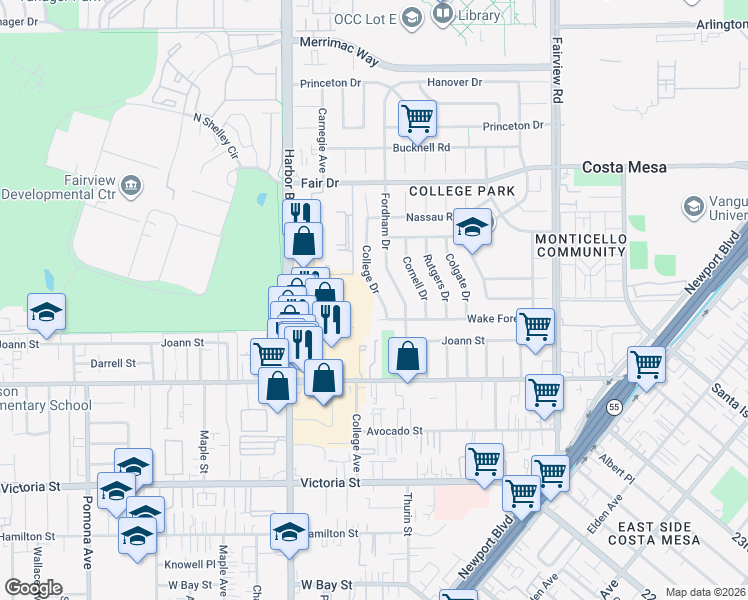 map of restaurants, bars, coffee shops, grocery stores, and more near 2315 College Drive in Costa Mesa