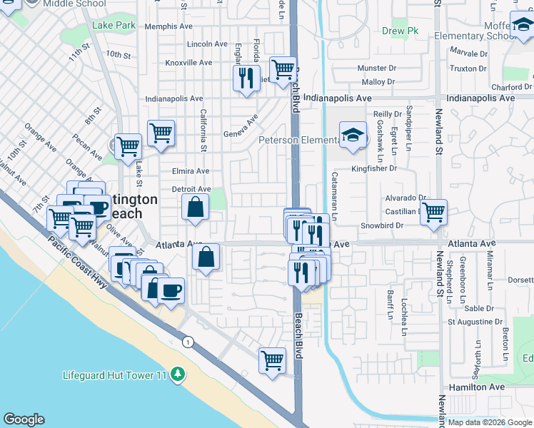 map of restaurants, bars, coffee shops, grocery stores, and more near 20927 Shellfish Lane in Huntington Beach