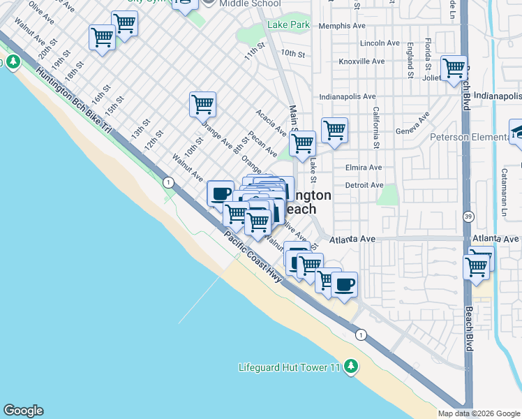 map of restaurants, bars, coffee shops, grocery stores, and more near 230 Main Street in Huntington Beach