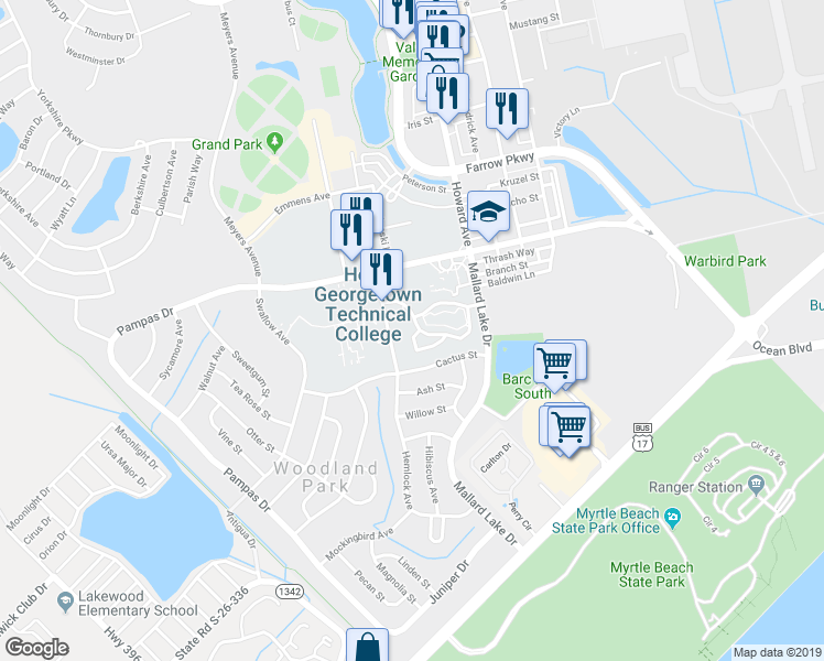 map of restaurants, bars, coffee shops, grocery stores, and more near 3569 Crepe Myrtle Court in Myrtle Beach