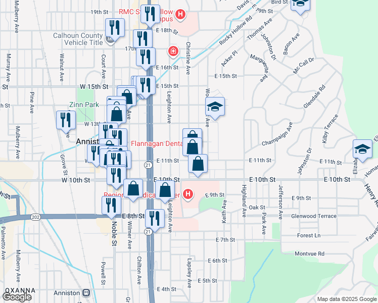 map of restaurants, bars, coffee shops, grocery stores, and more near 315 East 11th Street in Anniston